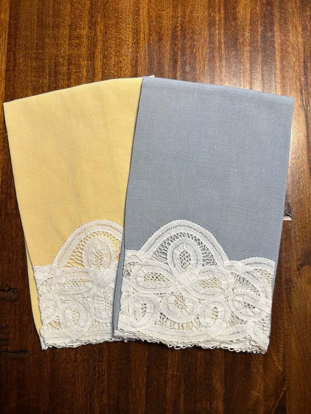 Vintage Linen Lace Pastel Blue and Yellow Handkerchiefs Grannycore